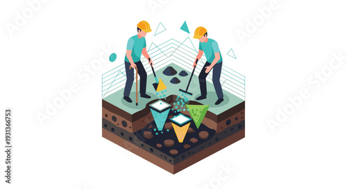 Two male workers in hard hats are actively digging into a cross-section of layered earth unearthing glowing geometric forms, Generative AI.
