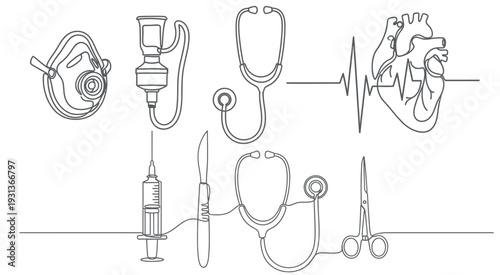 Vector illustration of medical equipment and cardiology symbols, a collection of essential healthcare tools and life-monitoring elements