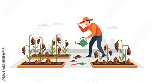A distressed man in a hat is watering rows of withered dying plants in garden beds with a cityscape background, Generative AI.