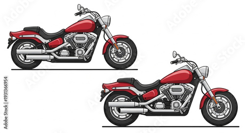 Two red motorcycles parked side by side on a white background.