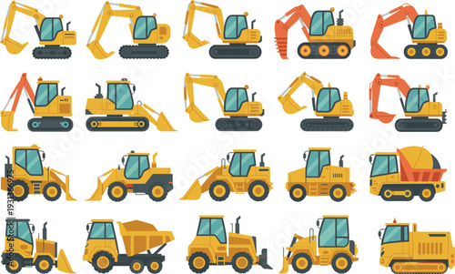 Construction equipment collection with excavators loaders bulldozers dump trucks and cement mixer isolated on white background heavy machinery vector set
