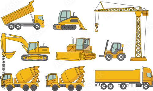 Construction machinery collection with excavator crane bulldozer dump truck forklift and concrete mixer isolated on white background heavy equipment vector set