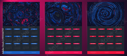 Dark abstract art Calendar 2027 calendar posters. Calendar designs with swirling blue and red patterns on dark background, annual layout for wall decor or desk use.