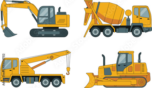 Construction machinery set with excavator concrete mixer crane truck and bulldozer isolated on white background heavy equipment vector illustration