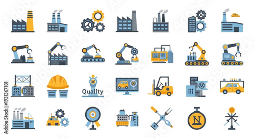 Industrial Icons Set Factory Machinery Automation Technology.