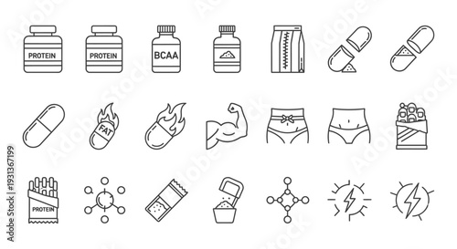 line art collection of fitness and bodybuilding supplements nutrition products and health icons illustrating wellness.