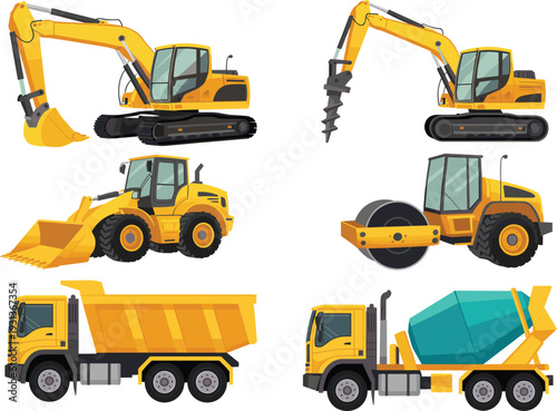 Construction machinery vector set with excavator loader road roller dump truck and concrete mixer isolated on white background heavy equipment illustration