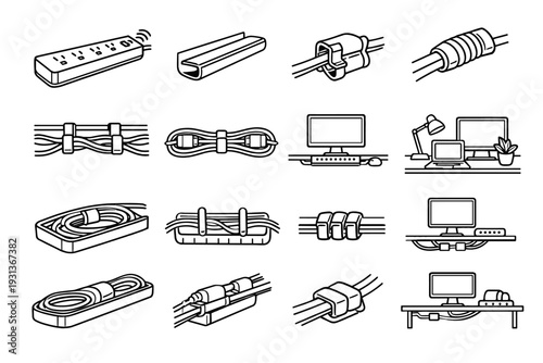 Cord wire outline channel silhouette icon vector desk tidy power strip smart