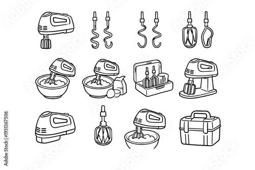 Metal attachments vector reinforced baking cordless mixer outline icons icon look spiral