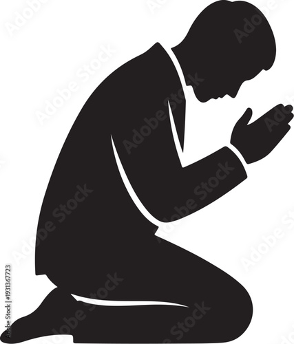 Man Kneeling in Prayer with Hands Together Silhouette Icon