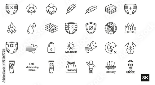 minimalist baby product line icons showcasing diaper features cotton non-toxic safety and elasticity for infant care branding