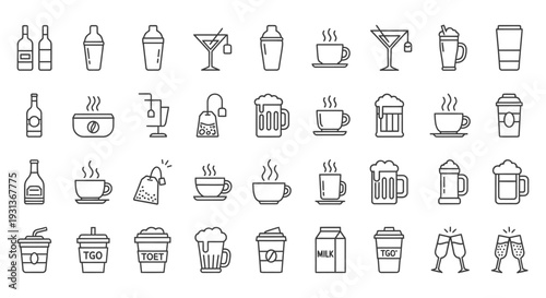 minimalist beverage icons a diverse collection of hot and cold drinks coffee tea beer cocktails and bottles for menus and apps.