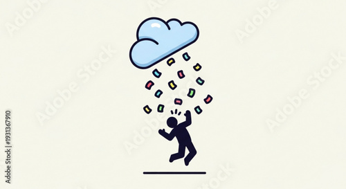 Person struggling under rain of social media icons and cloud