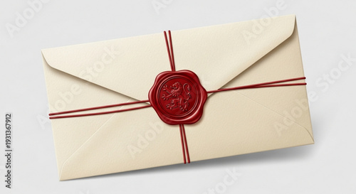 Sealed vintage envelope with red wax stamp and ribbon on white background formal letter or invitation concept