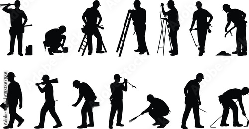 Construction worker silhouettes collection with builders using hammer ladder rake and tools isolated on white background black vector illustration set