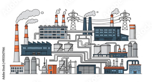 Industrial Factory Complex with Smokestacks.