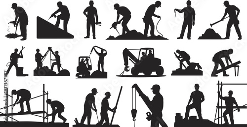 Construction worker silhouettes collection, heavy equipment operators and building site labor black vector set isolated on white background for industrial design