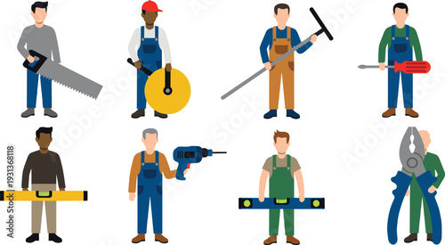 Construction workers and handyman characters with tools set, professional builder flat vector illustration isolated on white background for industry concept