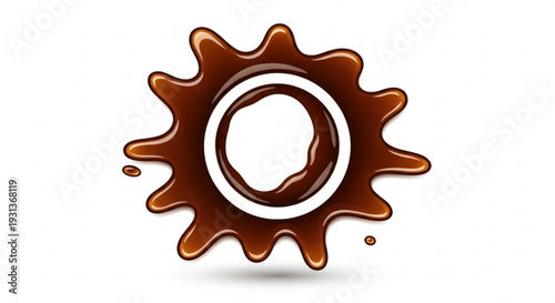 Brown gear splattered with chocolate syrup on white background symbolizing industrial sweetness and mechanical indulgence