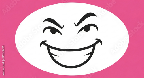 Winking smiling face emoticon with raised eyebrows on pink background