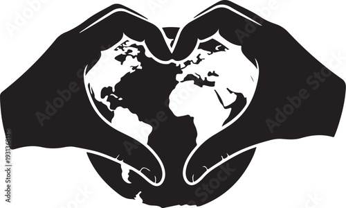 Hands holding the Earth in a heart shape symbol