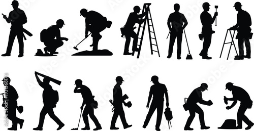 Construction workers silhouette collection with builders using hammer drill ladder and tools isolated on white background black vector illustration set