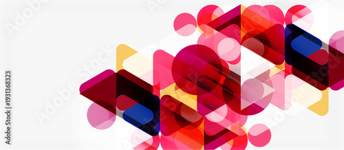 Abstract geometric shapes overlap, creating vibrant color patterns. Red, pink, yellow hues dominate white background. Modern design.