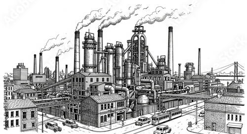 Industrial Factory Complex with Smokestacks.