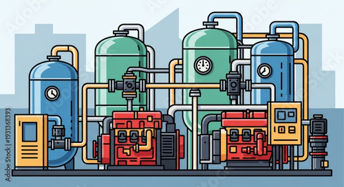 Industrial water treatment plant with pumps and tanks.