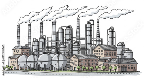 Industrial Factory Complex with Smokestacks.