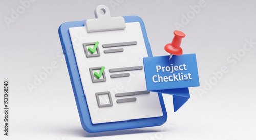 Project management checklist on clipboard with red push pin symbolizing organization and task completion in business and productivity