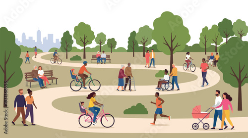 Public City Park with Diverse People Walking Cycling and Jogging on Winding Path Inclusive Community Outdoor Recreation Flat Vector Illustration
