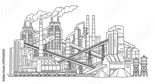 Industrial Factory Complex with Smokestacks.