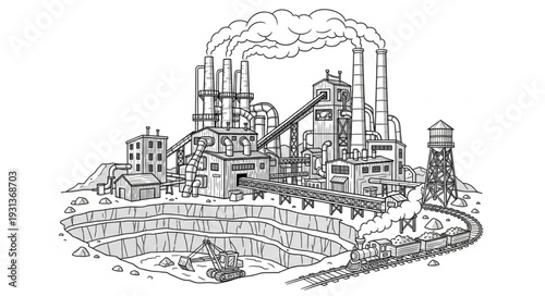 Industrial Factory Complex with Smokestacks.