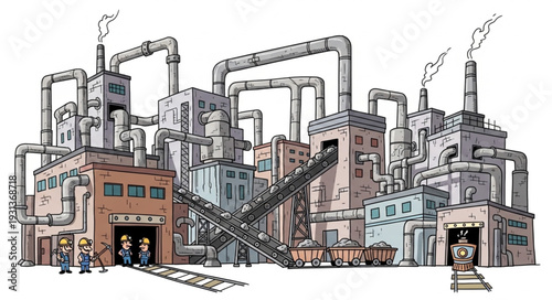 Industrial Factory Complex with Smokestacks.