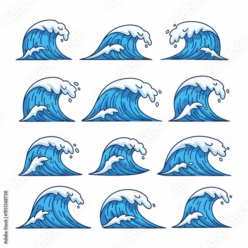 Blue Ocean Waves Asset Sheet with Various Hand Drawn Comic Style Great Waves for Surf Branding and Nautical Summer Illustrations