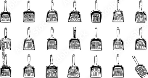 Set of Hand-Drawn Cat Litter Scoops - Collection of Sketch Style Pet Waste Shovels with Various Designs for Feline Hygiene and Cleaning