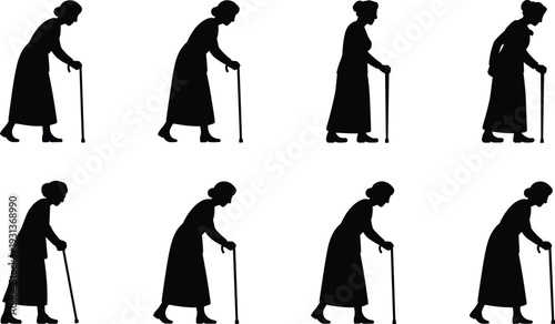 Elderly woman walking with cane silhouette set senior lady old age character vector illustration isolated on white background