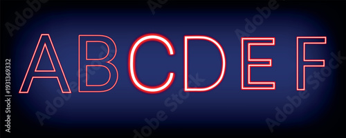 Neon sign with glowing letters abcdef on dark background