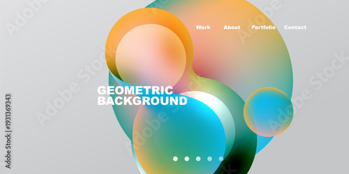 Abstract colorful shapes overlap. Gradient hues blend, creating modern design. Text labels work, about, portfolio, contact. Dots indicate navigation.