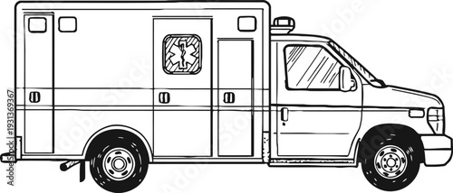 Hand drawn sketch of a medical ambulance emergency vehicle line art vector illustration