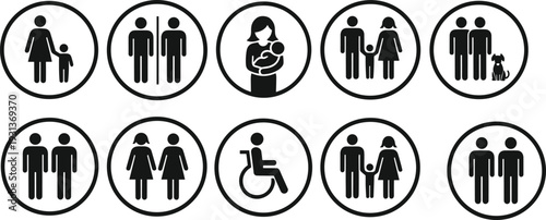 Family and relationship icon set parents child baby couple wheelchair pet symbols black silhouette vector isolated on white background