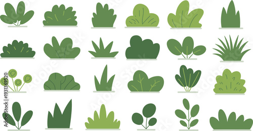 Flat green bush and foliage collection, simple garden plant icons set isolated on white background for landscape design
