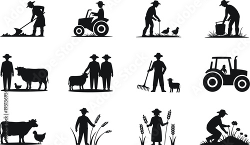 Farmer and agriculture silhouettes set with tractor livestock crops and rural farming activities isolated on white background black vector illustration