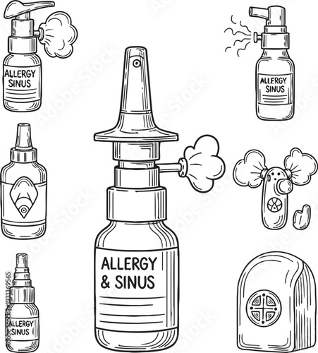 Hand drawn sketch of nasal spray and allergy medicine bottles line art vector illustration