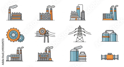 Industrial Factory Icons Set Illustration.