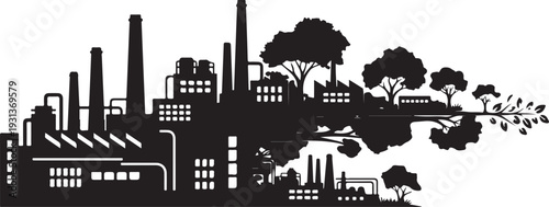 Industrial cityscape with trees and pollution in silhouette style
