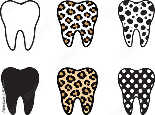 Dental Tooth Silhouettes with Animal Print and Polka Dot Patterns
