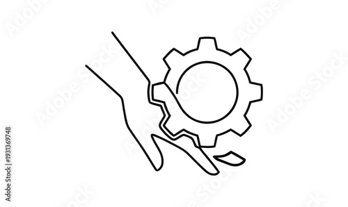 Line art illustration depicting a human hand holding interacting with gear.