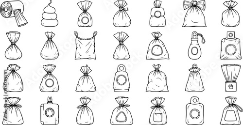 Set of Hand-Drawn Dog Waste Bag Icons and Pet Cleanup Supplies. Outline Poop Bags, Dispensers, and Toilet Paper for Pet Hygiene and Responsible Ownership.